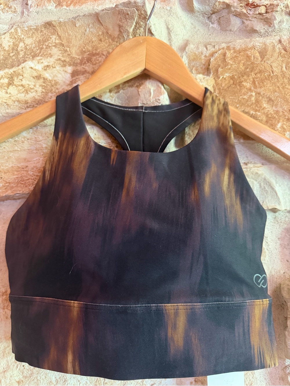 CALIA by Carrie Underwood Black Sports Bra with Brown Brush-Stroke Detail